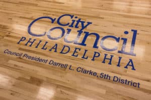 City Council logo painted on the floor of the new PAL center