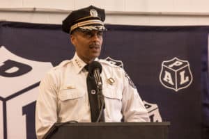 Police commissioner Richard Ross speaking at the PAL ribbon ceremony