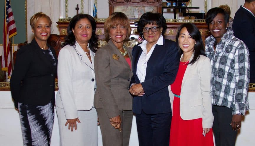 The Women of PHL Council - Council members Cindy Bass, Maria Quiñones-Sánchez, Blondell Reynolds Brown, Jannie Blackwell, Helen Gym and Cherelle Parker
