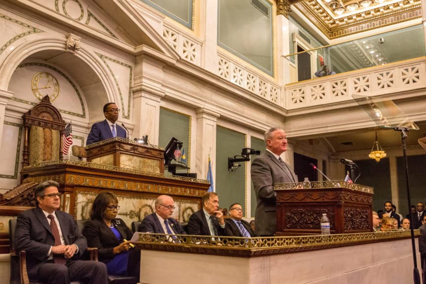 Council members listen to Mayor Jim Kenney at a council session