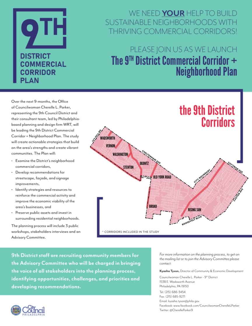Announcement of the 9th district commercial corridor + neighborhood plan launch. Click the image for long description.