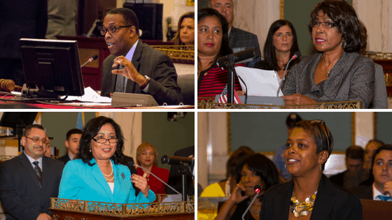 Collage photo of Council president Darrell Clarke and councilmembers Reynolds-Brown, Quiñones-Sánchez and Bass