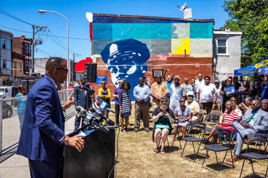 Council president Darrell Clarke speaks at the press conference for the dedication of the community mural honoring Sergeant Robert Wilson