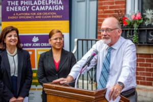 Councilmember Bill Greenlee speaks at the Solarize Philly Installation
