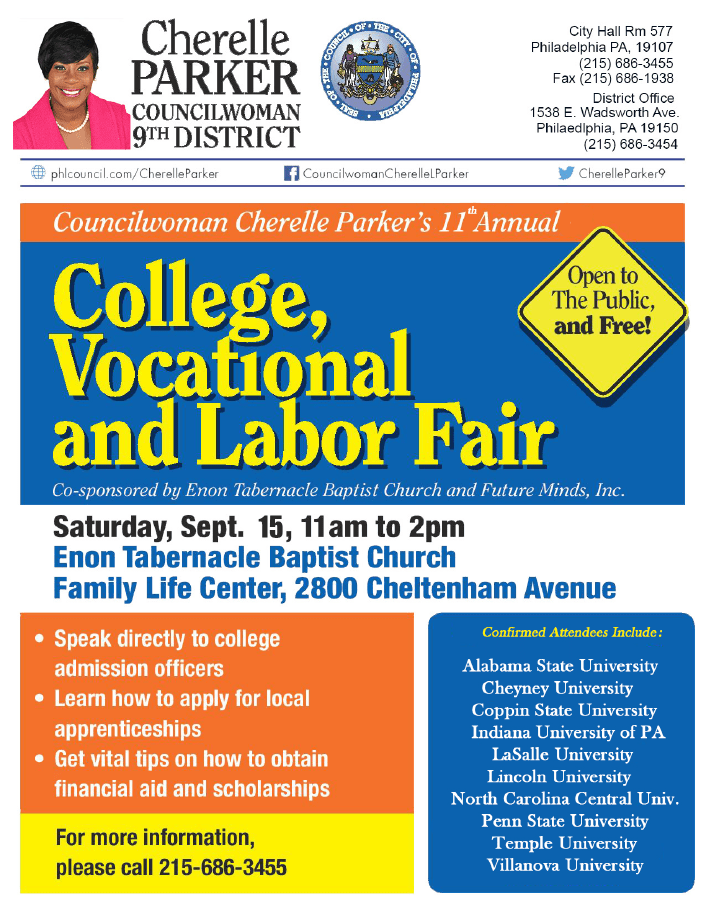 Advertisement for Councilmember Cherelle Parker's college, vocational, and labor fair. Click image for long description.