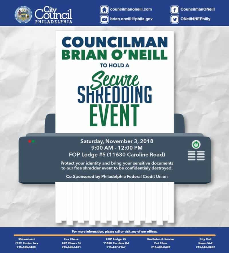 Flyer for Councilman Brian O'Neill's shredding event. Full text is below.