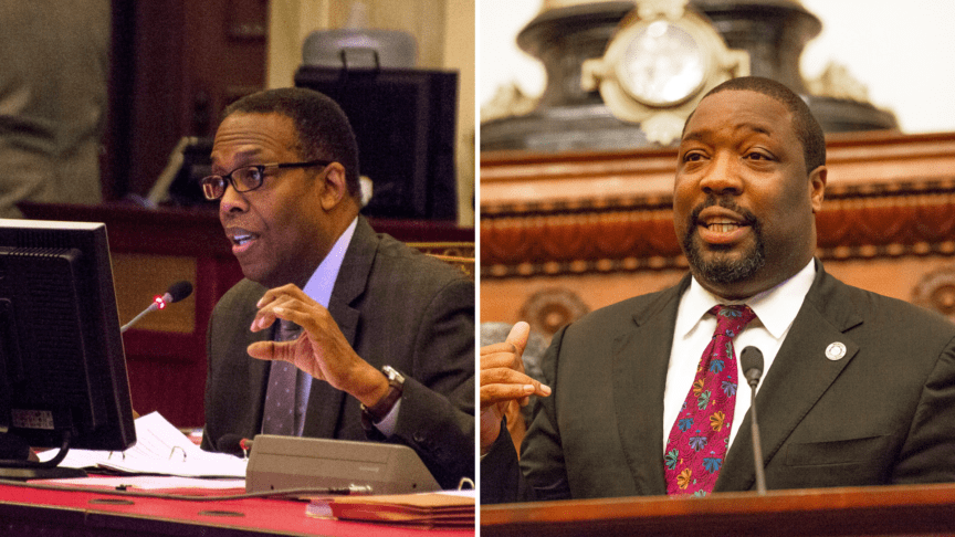 Split image of Council President Darrell Clarke and Councilmember Kenyatta Johnson in a council session