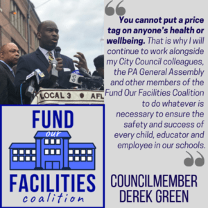A quote from Councilmember Derek Green speaking at the Fund our Facilities Coalition. Click on image for full text. 