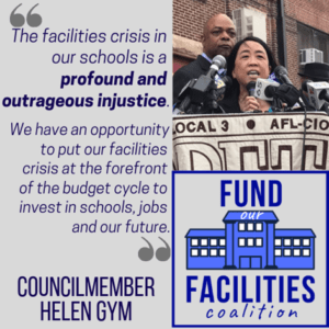 A quote from Councilmember Helen Gym speaking at the Fund our Facilities Coalition. Click link on image for full text.