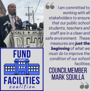 A quote from Councilmember Mark Squilla speaking at the Fund our Facilities Coalition. Click on image for full text. 
