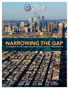 Cover image of the Narrowing the Gap: Strategies to alleviate and prevent poverty in Philadelphia report. Click on image to view the full report in pdf format.