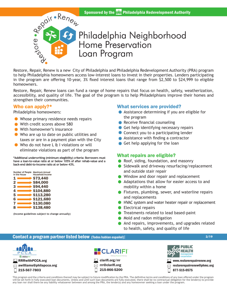 Image of a flyer for the Philadelphia Neighborhood Home Preservation Loan Program. Click image for long description.