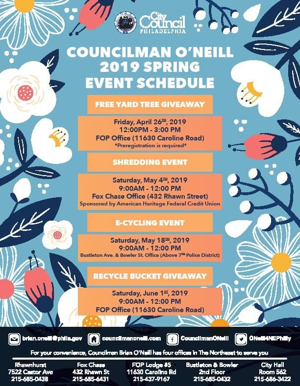 Schedule of events hosted by Councilman O'Neill. Full text is below.
