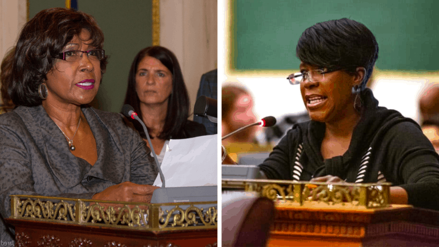 Split image of Councilwomen Reynolds-Brown and Parker speaking at a council session