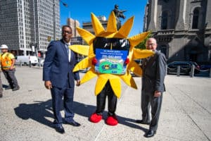 Council President Clark, Solar mascot Sun, Councilman Greenlee