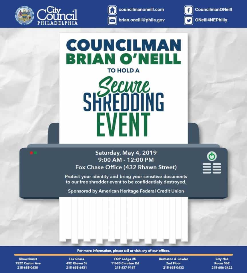 Image of a flyer announcing a shredding event. Full text is below the image.