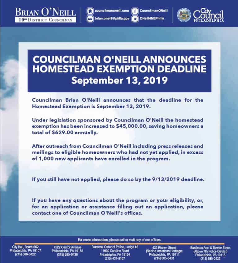COUNCILMAN O'NEILL ANNOUNCES HOMESTEAD EXEMPTION DEADLINE SEPTEMBER 13