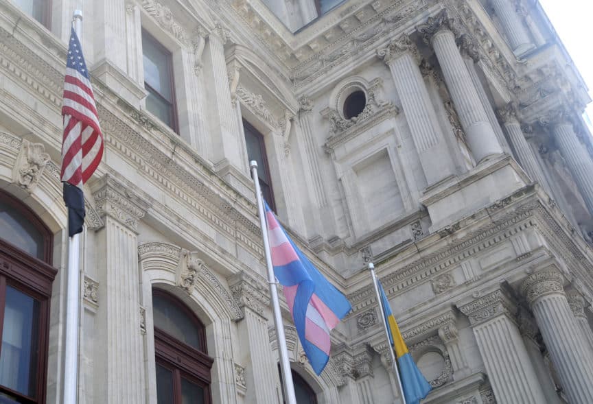 Trans flag outside City Hall