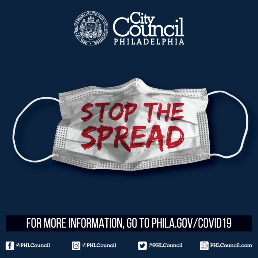 Stop the spread surgical mask PSA graphic. Go to phila.gov forward slash covid19 for more information