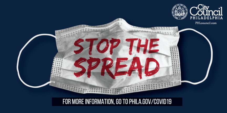 Stop the spread surgical mask PSA graphic. Go to phila.gov slash covid19 for more information
