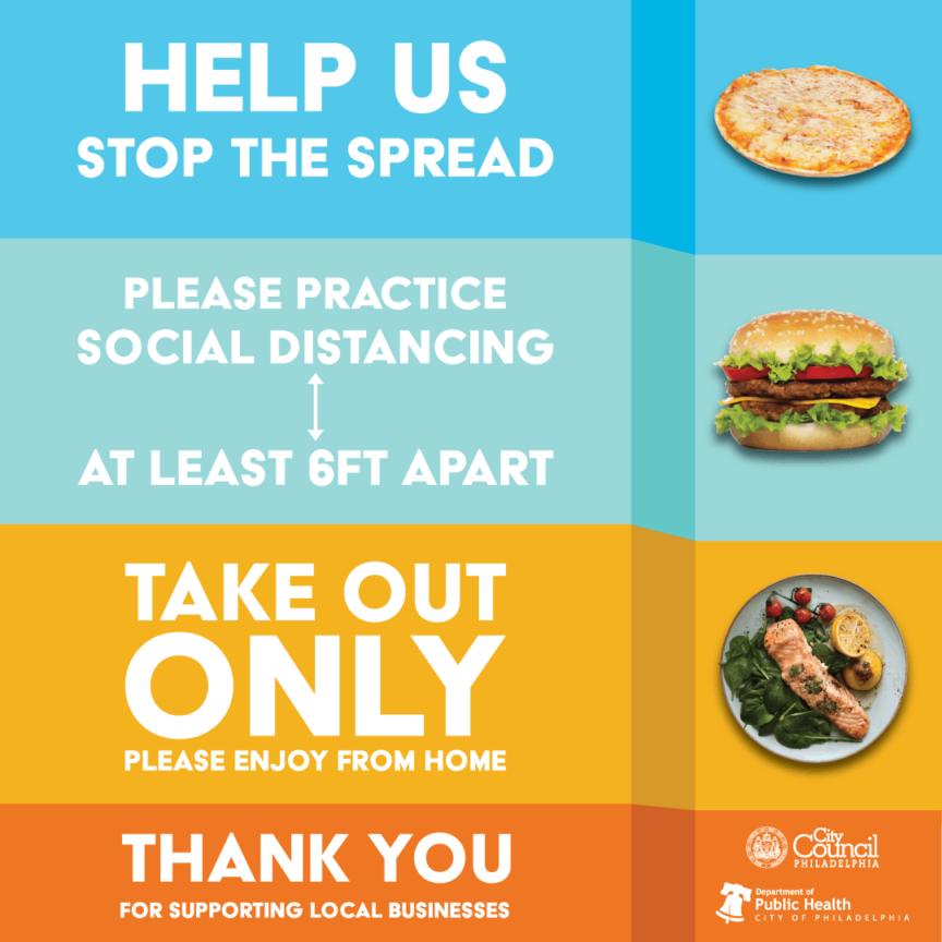 Restaurant take out only and social distance PSA graphic