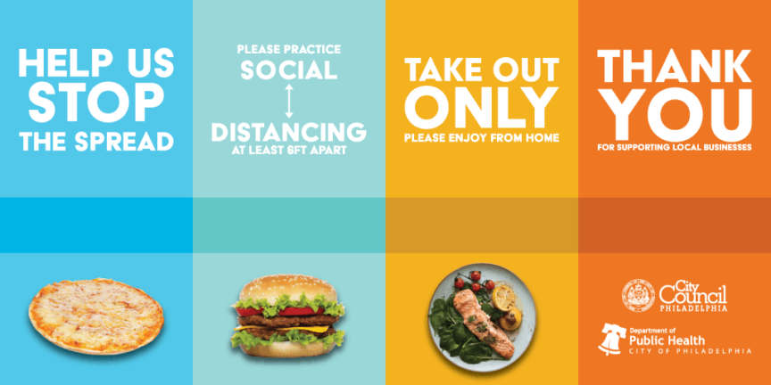 Restaurant take out only and social distance PSA graphic