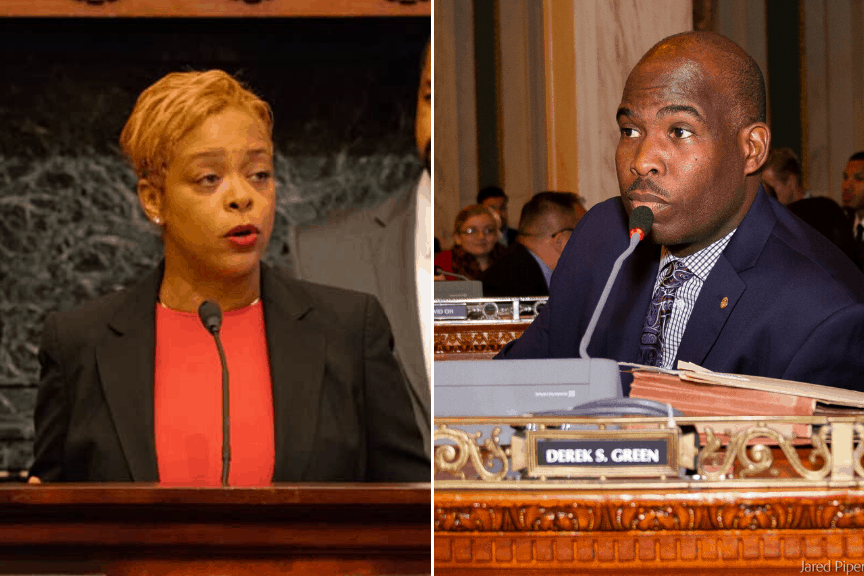 Side by side photo of Cindy Bass and Derrick Green at council session